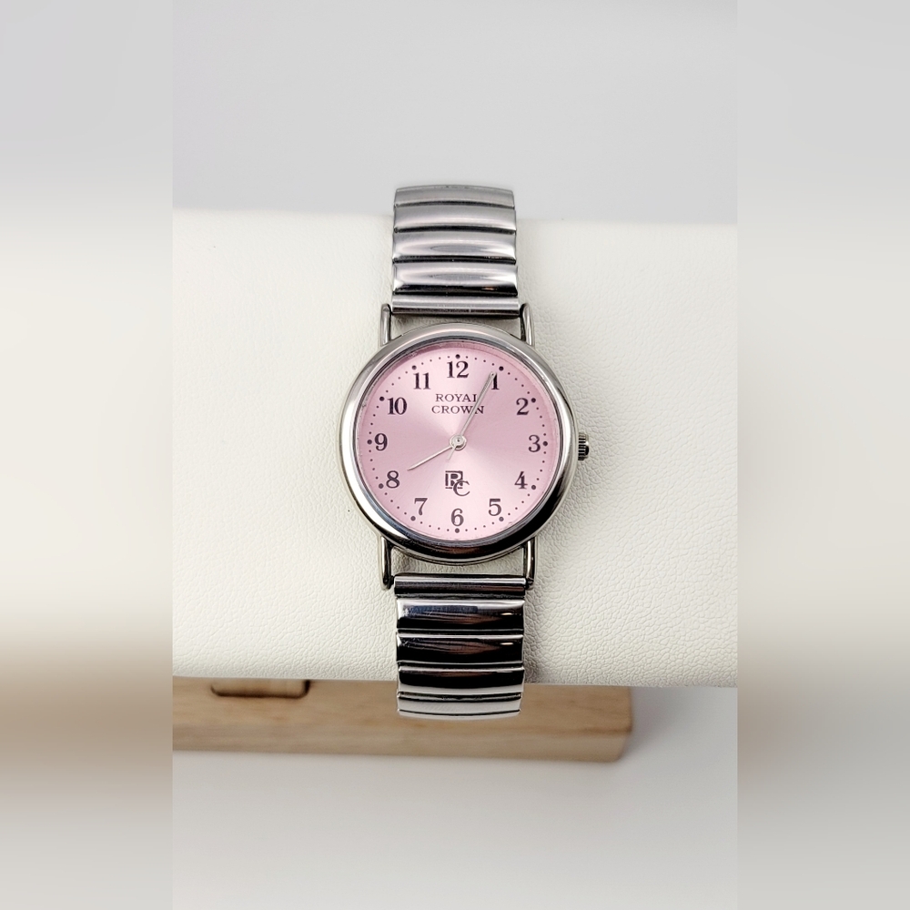 Royal Crown Ladies Quartz Watch – Pink Dial, Stretch Bracelet